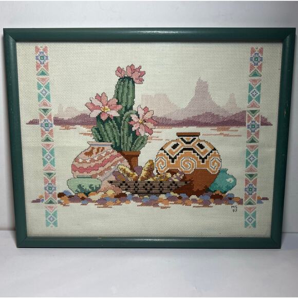Vtg 90s Dimension Taste of Southwest Framed Cross Stitch Completed Arizona - Picture 1 of 10